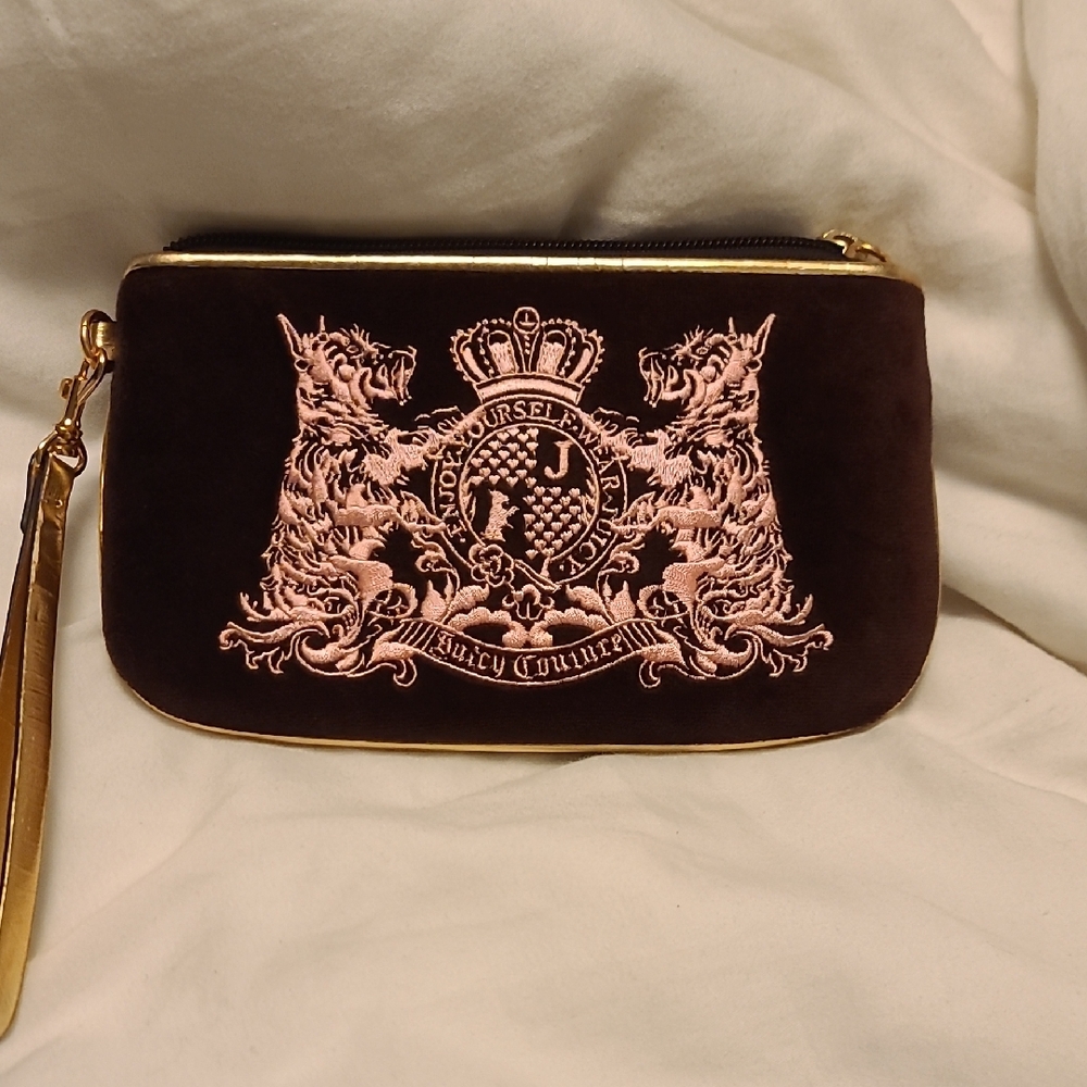 Juicy Couture Dark Brown and Pink Embroidered Wristlet